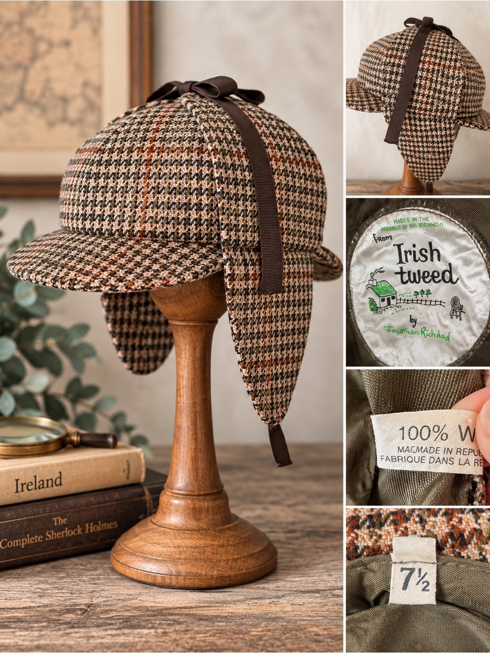 Vintage Irish Tweed Deerstalker Hat Jonathan Richard 100% Wool Size 7½